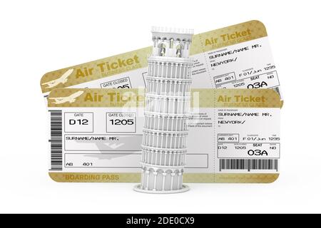 Tour de Pise blanche devant deux billets d'avion Golden Business ou First Class Airline Boarding Pass Fly sur fond blanc. Rendu 3d Banque D'Images