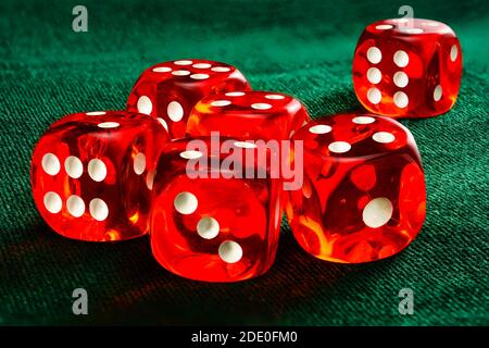 Six dés rouges en acrylique transparent pour les jeux. Jeux de dés translucides sur une surface en velours vert foncé, gros plan, grande profondeur de champ. Banque D'Images