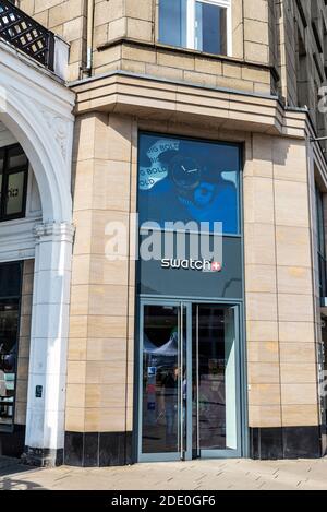 Hambourg, Allemagne - 23 août 2019 : entrée d'un magasin de montres de luxe Swatch à Hambourg, Allemagne Banque D'Images