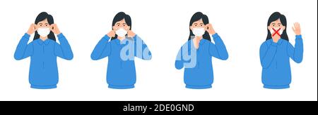 Portez et retirez le masque. Illustration graphique étape par étape de la façon de porter et de retirer un masque facial. Illustration de Vecteur