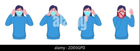 Porter et retirer le masque médical. Illustration graphique étape par étape de la façon de porter et de retirer un masque médical. Illustration de Vecteur