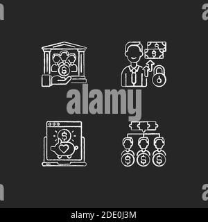 Les plates-formes de financement participatif numérique affichent des icônes blanches sur fond noir Illustration de Vecteur