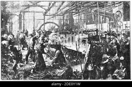 Iron Rolling Mill (Eisenwalzwerk) est un tableau de l'artiste allemand Adolph Menzel. Illustration du 19e siècle. Arrière-plan blanc. Banque D'Images