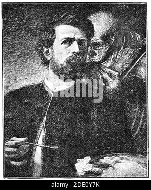 'Self-Portrait avec la mort jouant le violon' par un peintre suisse d'Arnold Boecklin. Illustration du 19e siècle. Arrière-plan blanc. Banque D'Images