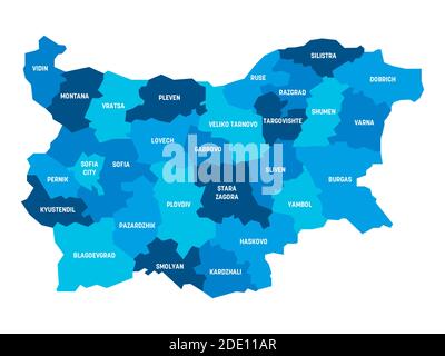 Carte politique bleue de la Bulgarie. Divisions administratives - provinces. Carte vectorielle plate simple avec étiquettes. Illustration de Vecteur