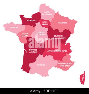 Carte politique rose de la France. Divisions administratives - régions métropolitaines. Carte vectorielle plate simple avec étiquettes. Illustration de Vecteur