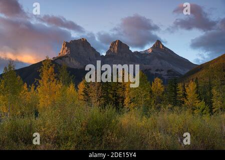 Lever de soleil en automne à Three Sisters Peaks près du parc national Banff, Canmore, Alberta, Rocheuses canadiennes, Canada, Amérique du Nord Banque D'Images