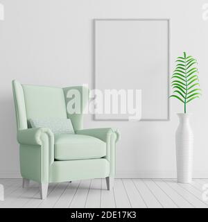 Mur en béton blanc avec fauteuil vert pastel, décoration intérieure minimaliste. rendu 3d illustration 3d Banque D'Images