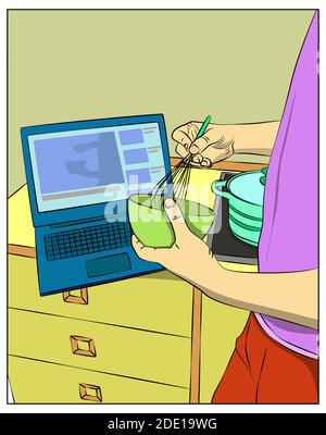 Illustration d'un homme de bande dessinée regardant un vlog de cuisson et battant des oeufs dans le bol à l'aide de fouet. Cours de pâtisserie en ligne. Cuisiner à la maison. Illustration de Vecteur