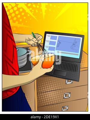 Illustration d'un homme de bande dessinée regardant un vlog de cuisson et battant des oeufs dans le bol à l'aide de fouet. Cours de pâtisserie en ligne. Cuisiner à la maison. Illustration de Vecteur