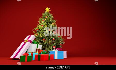 Toile de fond du concept de Noël. Arbre de Noël avec boîtes cadeaux sur fond rouge. Rendu 3D numérique. Banque D'Images