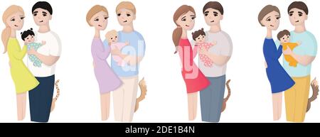 Collection vectorielle si plat style de dessin animé de famille avec enfant et chien ou chat. Isolé sur blanc. Illustration de Vecteur