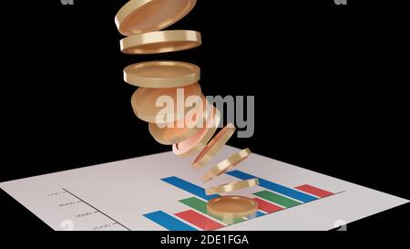 Concept de flux de trésorerie. Pièces de monnaie sur un papier avec des graphiques et des données statistiques. Documents commerciaux avec diagrammes et diagrammes. Financer l'investissement. Rendu 3D Banque D'Images