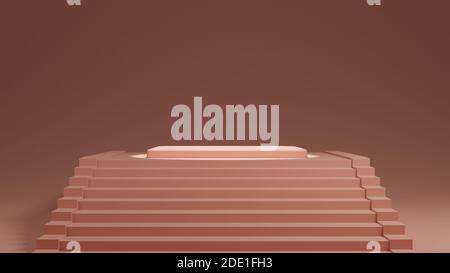 Les escaliers bruns vont sur un podium vide éclairé pour la présentation ou la présentation des produits. Rendu 3D. Banque D'Images