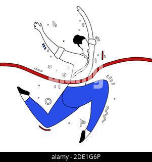 Illustration d'une femme d'affaires en train de déchirer une bande de finition. Effort et victoire. Réalisations des objectifs. Champion au travail. Emp. Réussi Illustration de Vecteur