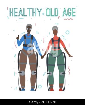 Paire de personnes âgées africaines heureux et en bonne santé en exosuits avec lettrage. Innovation en médecine. Famille âgée. Exosquelette pour les personnes handicapées. Illustration de Vecteur