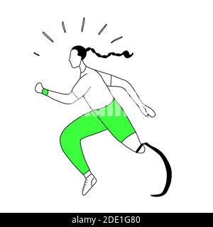 Illustration du contour d'une fillette avec une jambe prothétique. Jogger sportswoman. Stylisée femme sportive forte avec handicap. Le sport pour tous. lin. Vecteur Illustration de Vecteur