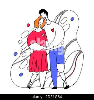 Couple heureux avec prothèse de jambes embrassant et riant. Relations et amour. Date dans le style moderne de contour. Famille et unité des personnes. Vecteur eleme Illustration de Vecteur