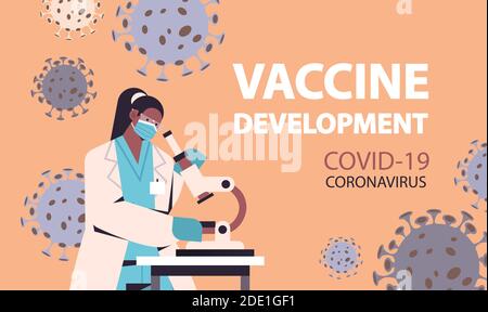 scientifique développant un nouveau vaccin contre le coronavirus en laboratoire pour les femmes africaines américaines chercheur travaillant sur le développement de vaccins au microscope lutte contre le concept covid-19 illustration vectorielle horizontale en mode portrait Illustration de Vecteur