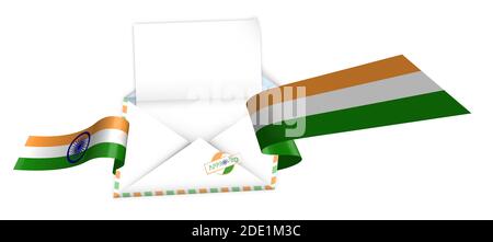 Concept, enveloppe ouverte avec feuille de papier vierge enveloppée dans un ruban de fête brillant avec des éléments de drapeau indien. Modèle de félicitations, information la Illustration de Vecteur