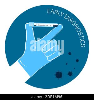 icône de couleur en bleu, les médecins mains dans un gant tient des tubes à essai avec des tests de coronavirus. Diagnostics précoces. Vecteur isolé sur fond blanc Illustration de Vecteur
