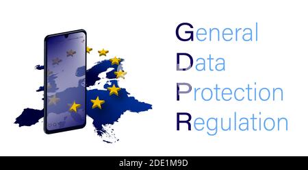 Concept de protection des données à caractère personnel dans l'Union européenne, RGPD. Sécurité Internet. Smartphone avec éléments de symboles de l'Union européenne. Illustration de Vecteur