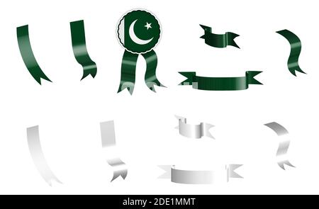 Étiquette, ensemble de rubans blancs et verts avec étiquette, en couleurs de drapeau de la République islamique du Pakistan. Vecteur isolé sur fond blanc Illustration de Vecteur