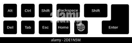 jeu de touches de clavier supplémentaires sur fond blanc. Alt, Ctrl, entrée, Retour arrière, Echap, globe, Maj. Vecteur isolé Illustration de Vecteur