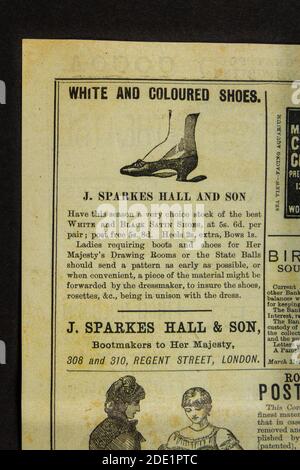 Publicité pour J Sparkes Hall & Sons bootmakers, Regent Street, Londres, dans le programme Gaiety Theatre (réplique), 22 octobre 1883. Banque D'Images