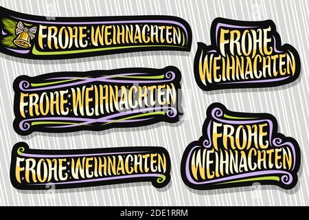 Ensemble vectoriel pour Merry Christmas en langue allemande, 5 logos sombres avec texte allemand - frohe weihnachten (joyeux noël), fleurissent décoratifs, or Illustration de Vecteur