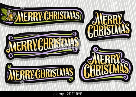 Ensemble vectoriel pour Merry Christmas, 5 logos découpés avec une police calligraphique en forme de pinceau - joyeux noël, ornements, cloche d'or amusante et épicéa c Illustration de Vecteur