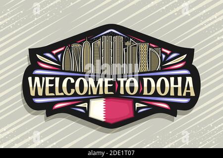 Logo Vector pour Doha, étiquette décorative noire avec illustration de la ligne futuriste de doha paysage de ville sur fond de ciel crépuscule, design d'art réfrigérateur touristique magn Illustration de Vecteur