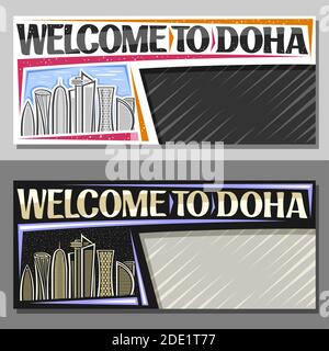 Mises en page vectorielles pour Doha avec espace de copie, bon décoratif avec illustration en ligne du paysage futuriste de la ville de doha sur fond de ciel de jour et de crépuscule, art d Illustration de Vecteur