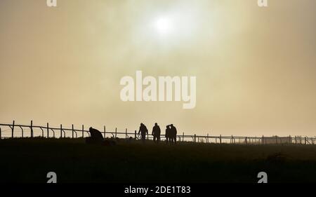 Brighton UK 28 novembre 2020 - Walkers Profitez d'une belle matinée à Sheepcote Valley par Brighton Racecourse comme le soleil commence à brûler le début de la brume . : crédit Simon Dack / Alamy Live News Banque D'Images