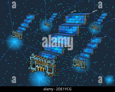 Internet mondial par satellite. Réseau de télécommunications spatiales Illustration de Vecteur