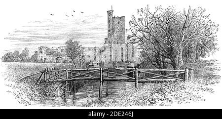 Vue du XIXe siècle sur le château de Caister, un château du XVe siècle amarré situé dans la paroisse de West Caister, un peu au nord de Great Yarmouth dans le comté anglais de Norfolk. Le château fut construit entre 1432 et 1446 par Sir John Fastolf, qui (avec Sir John Oldcastle) fut une inspiration pour le Falstaff de William Shakespeare. Le château a subi de graves dommages en 1469 quand il a été assiégé et capturé par le duc de Norfolk et en dehors de la tour, est tombé en ruine vers 1600. Banque D'Images