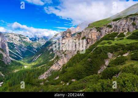 Surplombant une vallée boisée en forme de V profonde vers le spectaculaire Time Tre dans les Dolomites du nord de l'Italie Banque D'Images