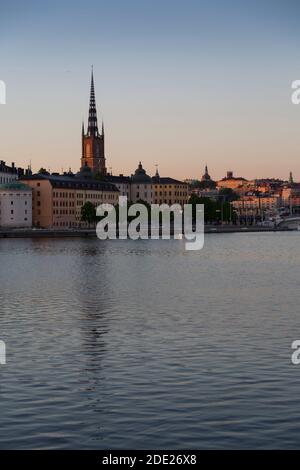 View of Riddarholmen and Sodermalm at dawn from near Town Hall, Stockholm, Sweden, Scandinavia, Europe Stock Photo