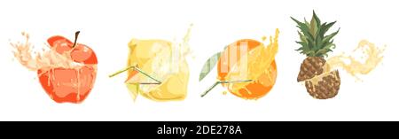 Fruits frais en tranches avec pailles, boisson savoureuse, pomme mûre, citron, orange et ananas, ensemble de cocktails tropicaux doux. Délicieux rafraîchissement d'été Illustration de Vecteur