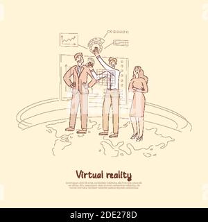 Analyste travaillant avec une interface interactive, interface utilisateur de réalité augmentée, hologramme de statistiques d'entreprise, bannière technologique futuriste. Analyse boursière c Illustration de Vecteur