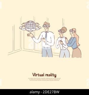 Homme gai et filles enthousiastes dans des casques vr, professeur montrant les élèves de l'hologramme de la Terre, bannière de réalité augmentée. Société de technologie des affaires et de l'éducation Illustration de Vecteur