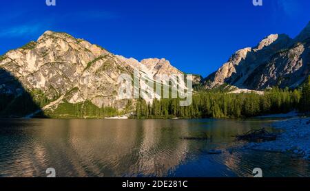 Une merveilleuse matinée de brume au lac de Braies, dans les alpes Dolomites. Paysage naturel incroyable. le lac et Seekofel se montent en arrière-plan dans le brouillard, au lever du soleil. Lac Banque D'Images