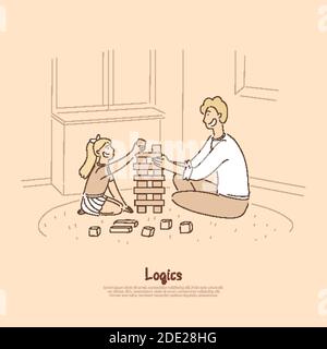 Père jouant avec enfant, papa et fille, preschooler construisant tour à partir de cubes en bois, blocs bannière. Jouets pour développer la pensée logique con Illustration de Vecteur