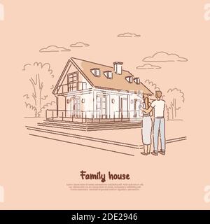 Jeune couple planifiant pour la maison de rêve, famille achetant premier espace de vie ensemble, debout devant la bannière future de succession. Maison familiale dessin animé conce Illustration de Vecteur
