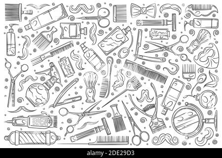 Outils de coiffeur dessinés à la main. L'équipement de coiffage associé à l'arrière-plan de la mise en forme des cheveux Illustration de Vecteur