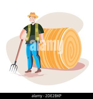 agriculteur mâle en uniforme recueillant le foin avec l'éco-agriculture de la fourche illustration vectorielle pleine longueur du concept agricole Illustration de Vecteur