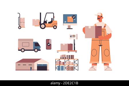 icônes d'entrepôt logistique avec symboles de cargaison et livreur dedans illustration vectorielle horizontale isolée du concept de service de livraison express uniforme Illustration de Vecteur