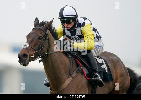 Prochaine destination criblée par Harry Cobden sort le dernier à gagner le Ladbrokes John Francome novices' Chase à Newbury Racecourse. Banque D'Images