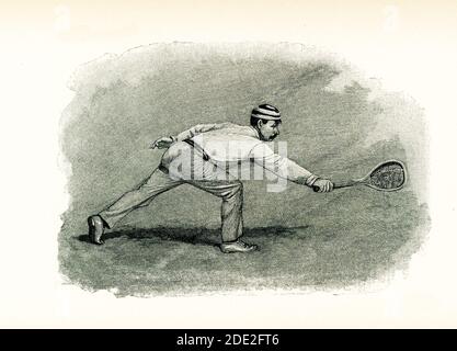 Cette illustration de 1897 d'un homme jouant au tennis le montre frapper un demi-volée de dos-main. Les volleys arrière sont frappées avec la main dominante sur le côté gauche du corps si le joueur droitier et le côté droit du corps si la personne est gaucher. Une demi-volée est un tir où un joueur ne peut pas se rendre à la balle pour frapper une volée avant qu'elle ne rebondit, et il n'a pas assez de temps pour atteindre un coup de sol complet. Par conséquent, il laisse la balle rebondir, puis la bloque ou la détourne rapidement de l'autre côté du terrain. Banque D'Images