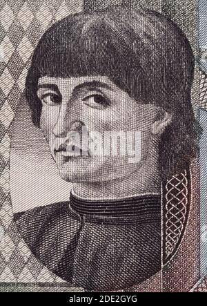 Niccolo Machiavel portrait de visage sur la lire italienne billet gros plan macro, père de la science politique moderne Banque D'Images